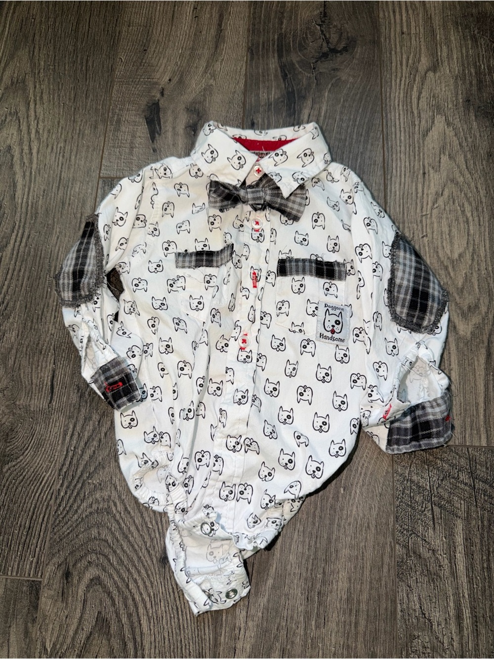 Cute White Puppy Print Button-Up Bodysuit with Plaid Accents